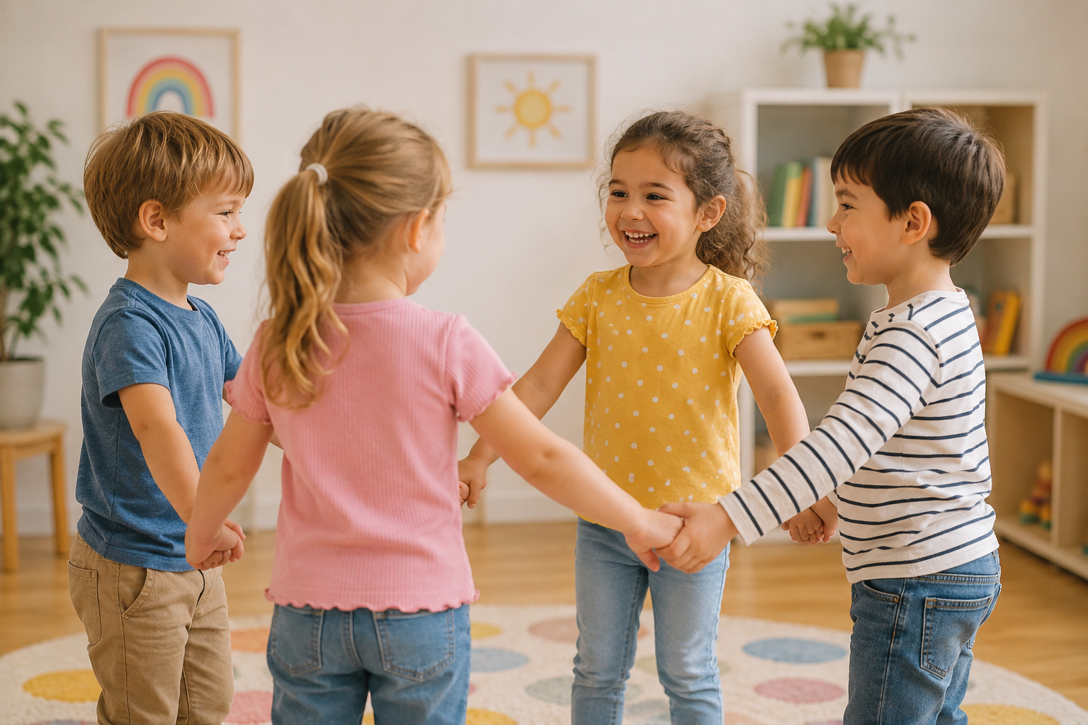 Vier Kinder halten sich in einem hellen Gruppenraum an den Händen