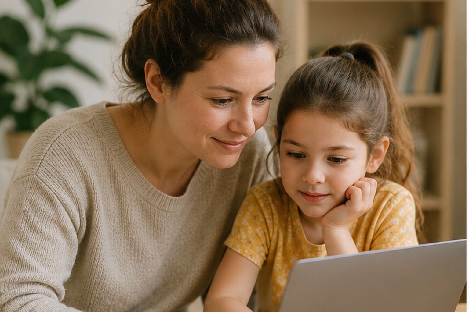 Eine Mutter unterstützt ihr Kind gemeinsam am Laptop